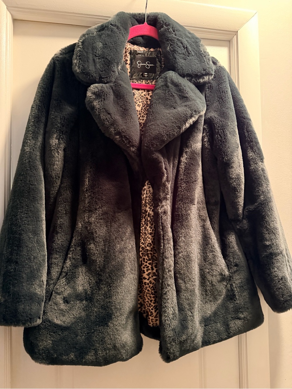 Jessica Simpson Dark teal Faux Fur Teddy Jacket with Leopard Lining NEW M
